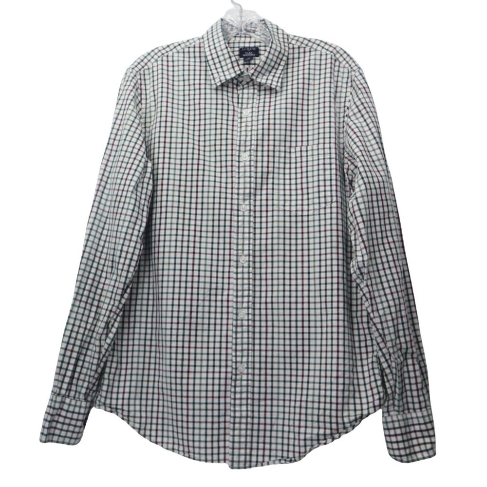 J. Crew Mens Long Sleeve Shirt Flex Washed  Green/White Plaid Size M
